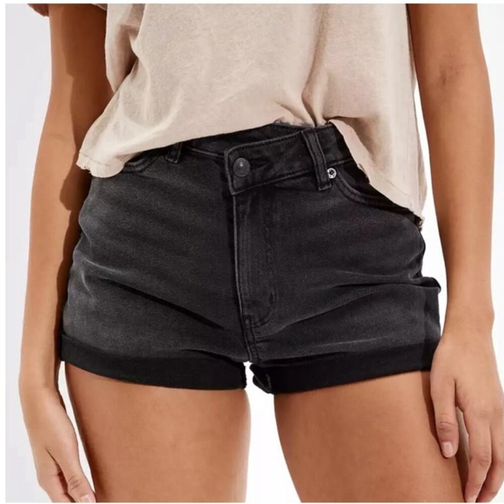 American Eagle Highest Rise Mom Cross Front Shorts Washed Black Denim Size 4